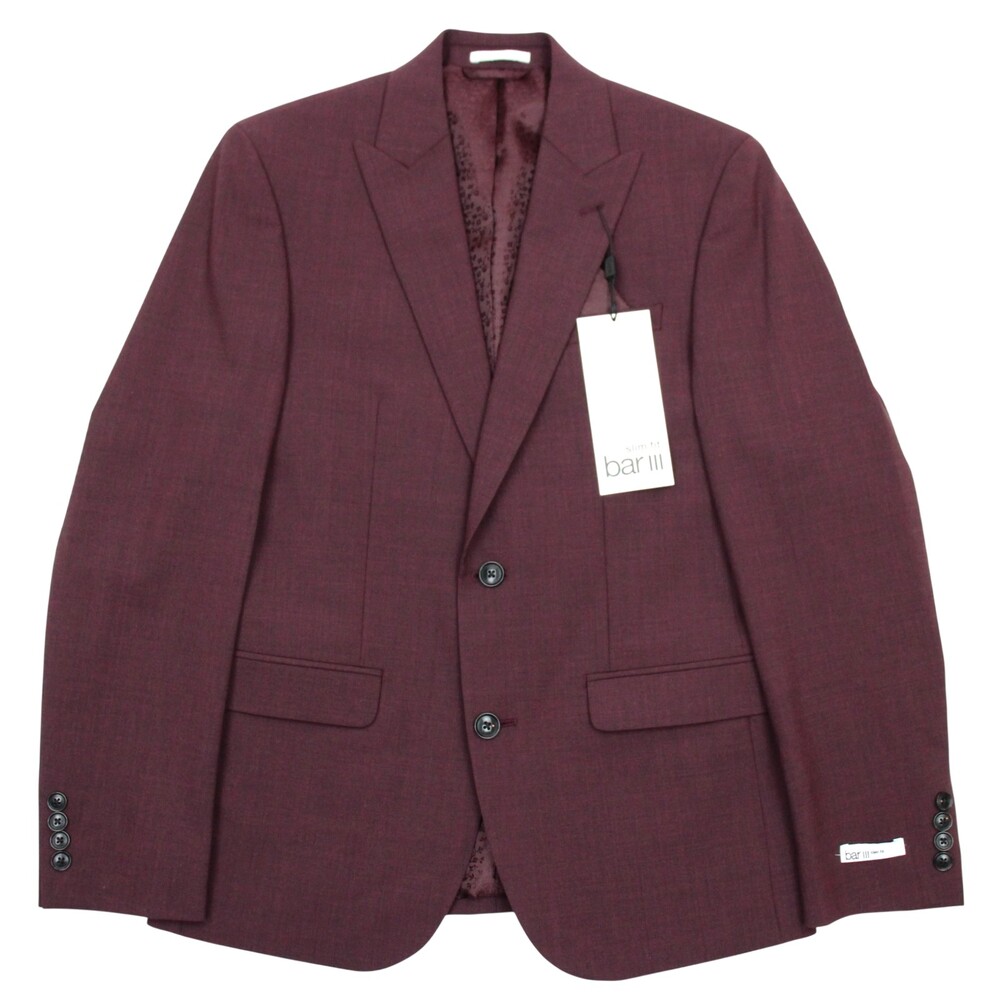 Bar III Suit Jacket 38 L Mens Slim Fit Burgundy Red Wool Blend Peak 2 Button